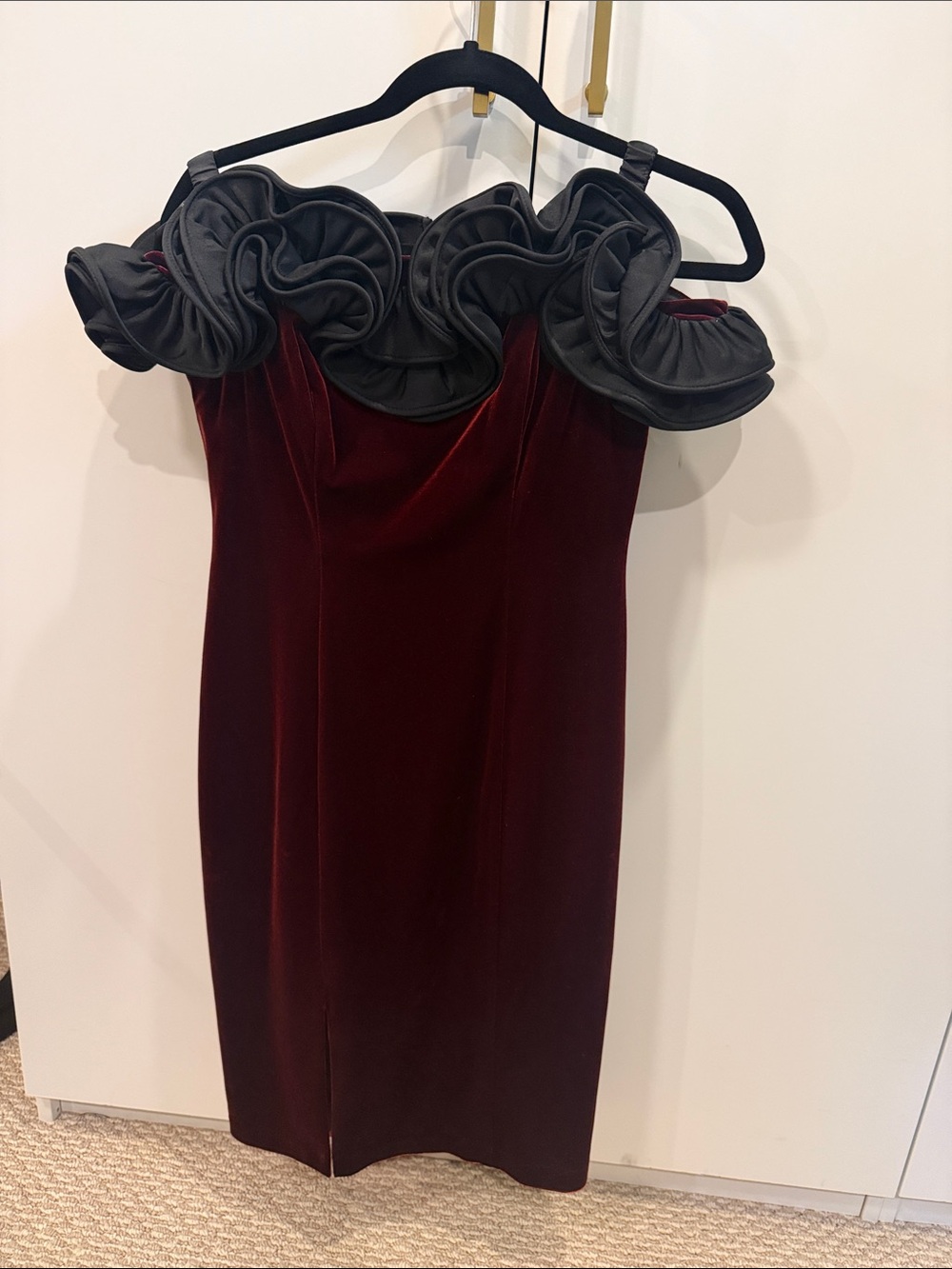 Aidan Mattox Burgundy Velvet One-Shoulder Dress with Black Ruffle